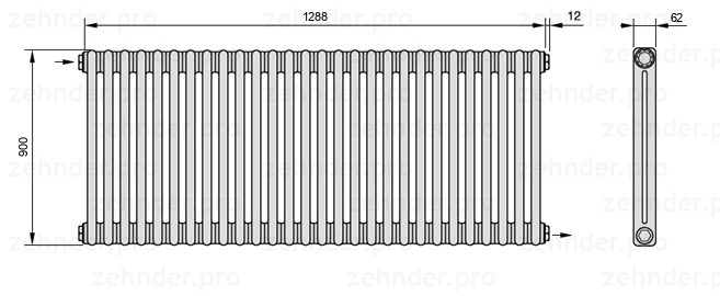 Схема (чертеж) Радиатор Zehnder Charleston 2090/28 №1670 Белый глянцевый RAL 9016